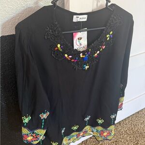 ASHA Mexican Black Embroidered Women's Blouse XL
